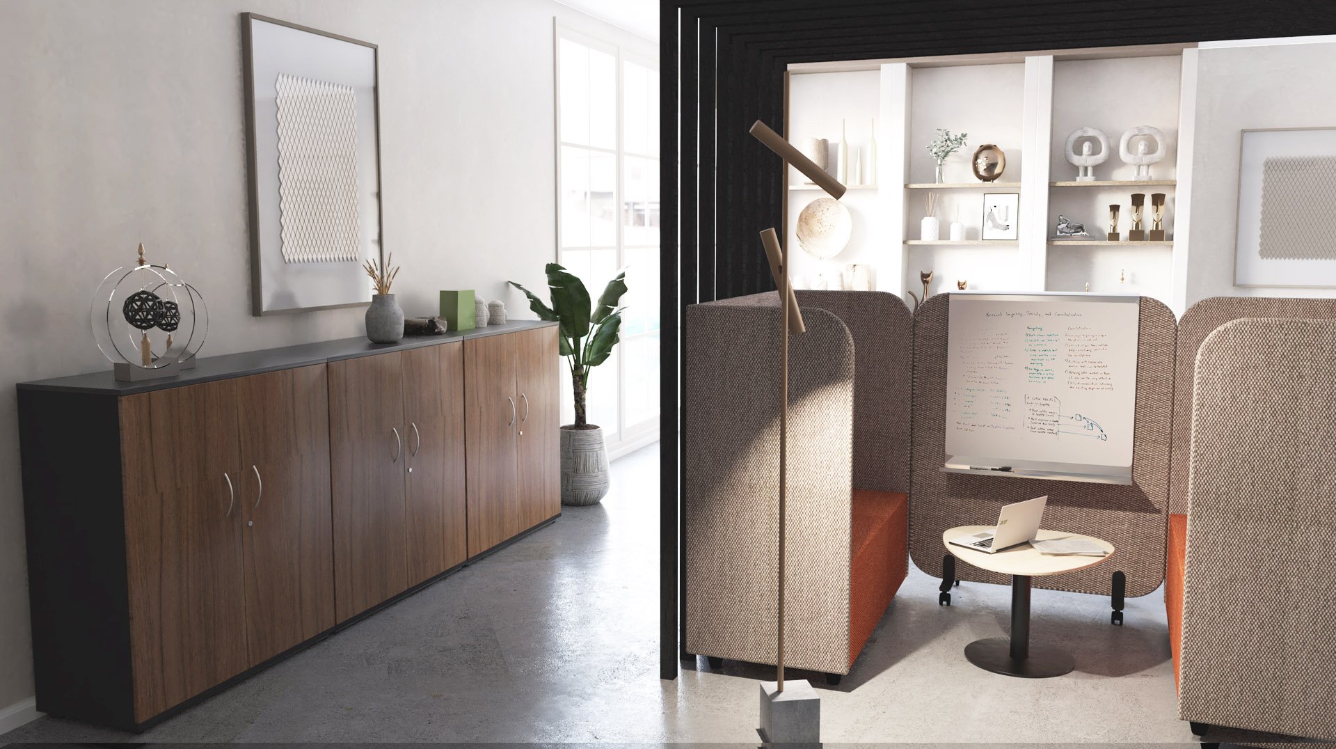 Un bureau moderne divisé en deux : le côté gauche comporte une armoire en bois, des objets de décoration et une plante ; le côté droit comporte des espaces informels - un coin salon confortable avec une petite table, un tableau blanc, une lampe et des étagères avec des objets de décoration.