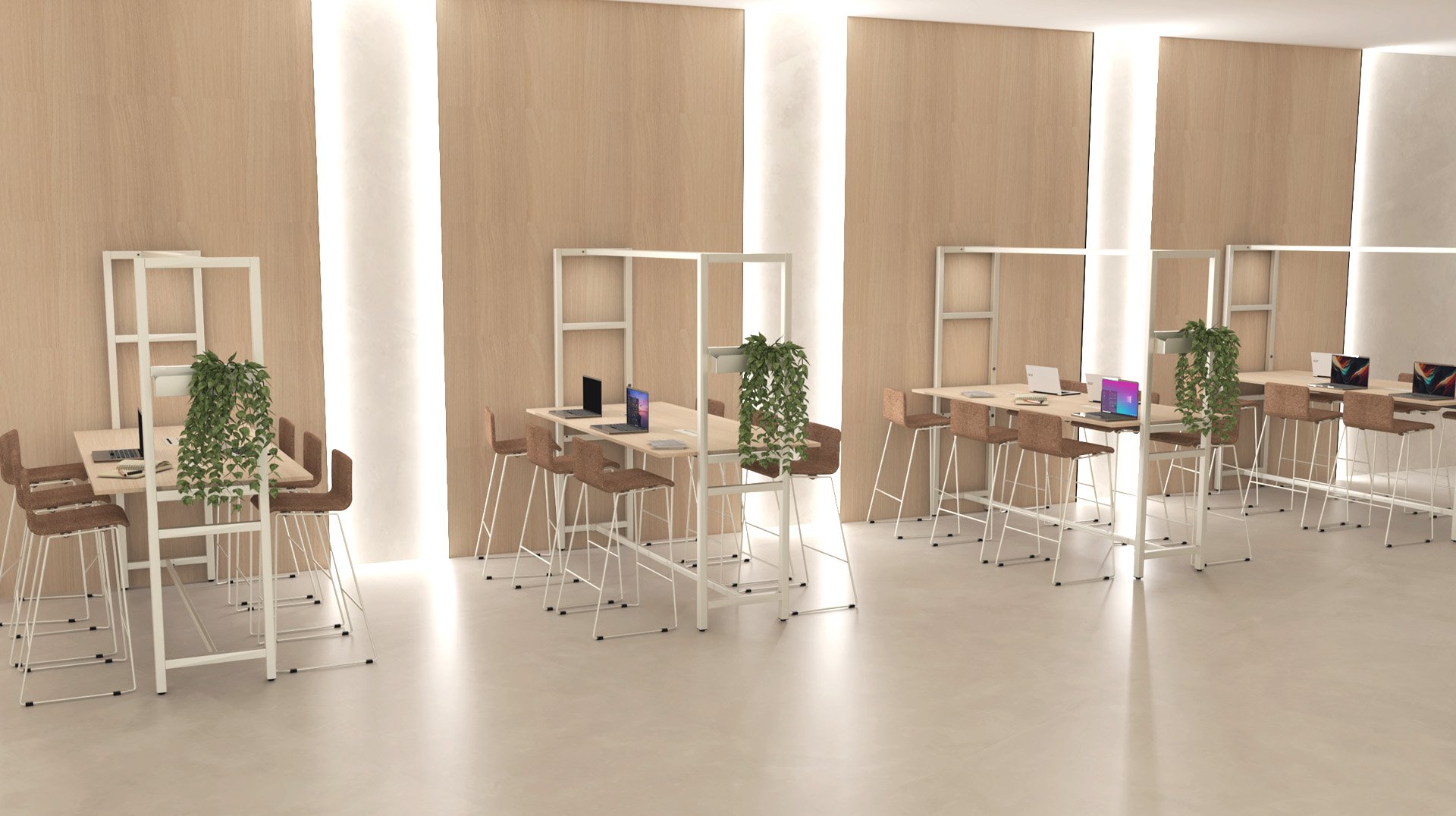 Un espace de bureau moderne et minimaliste comprenant des bureaux en bois, des chaises de style bar, des ordinateurs portables et des plantes vertes sur des étagères blanches - parfaites pour créer des espaces informels contre des murs en bois clair et un éclairage lumineux.