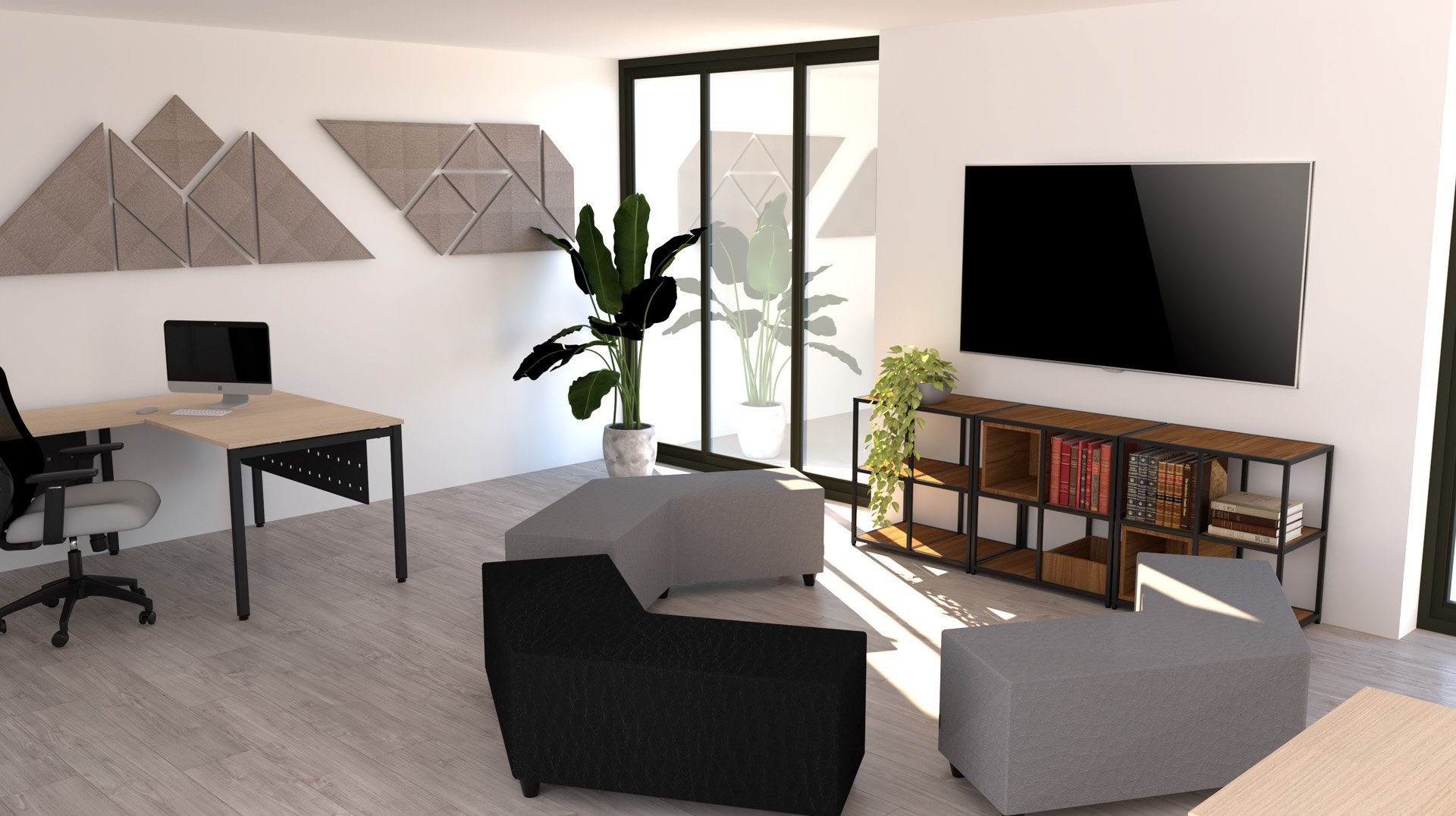 Bureau moderne composé d'un bureau, d'une chaise ergonomique, d'œuvres d'art murales géométriques, d'une télévision, d'étagères, de plantes en pot et de sièges contemporains gris et noirs sur un sol en bois clair. De grandes fenêtres laissent entrer la lumière naturelle.