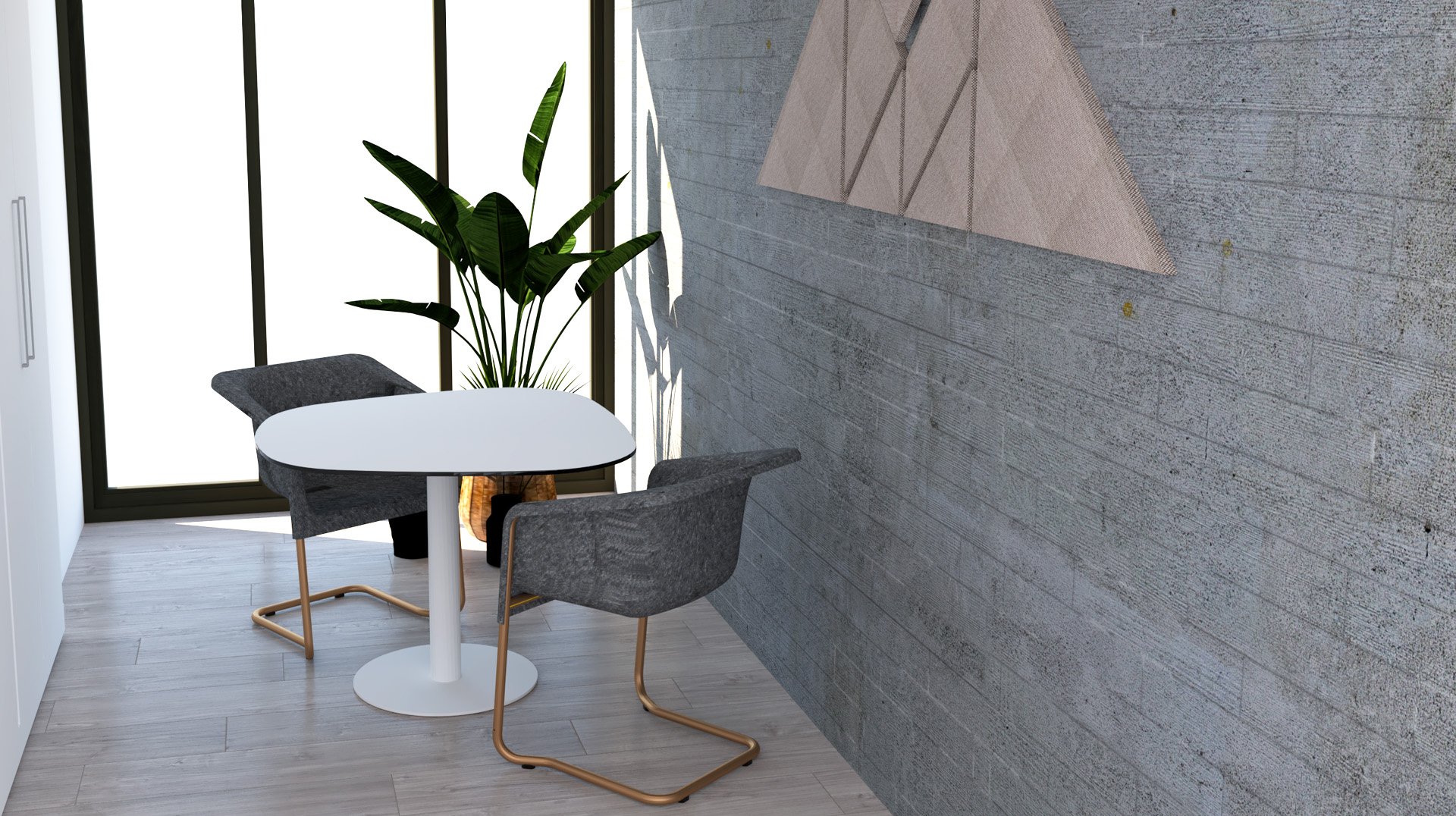 Un coin bureau moderne avec une table ovale blanche, deux chaises grises aux pieds dorés, une plante en pot et un mur en béton avec un décor géométrique. La lumière naturelle pénètre par de grandes fenêtres allant du sol au plafond.