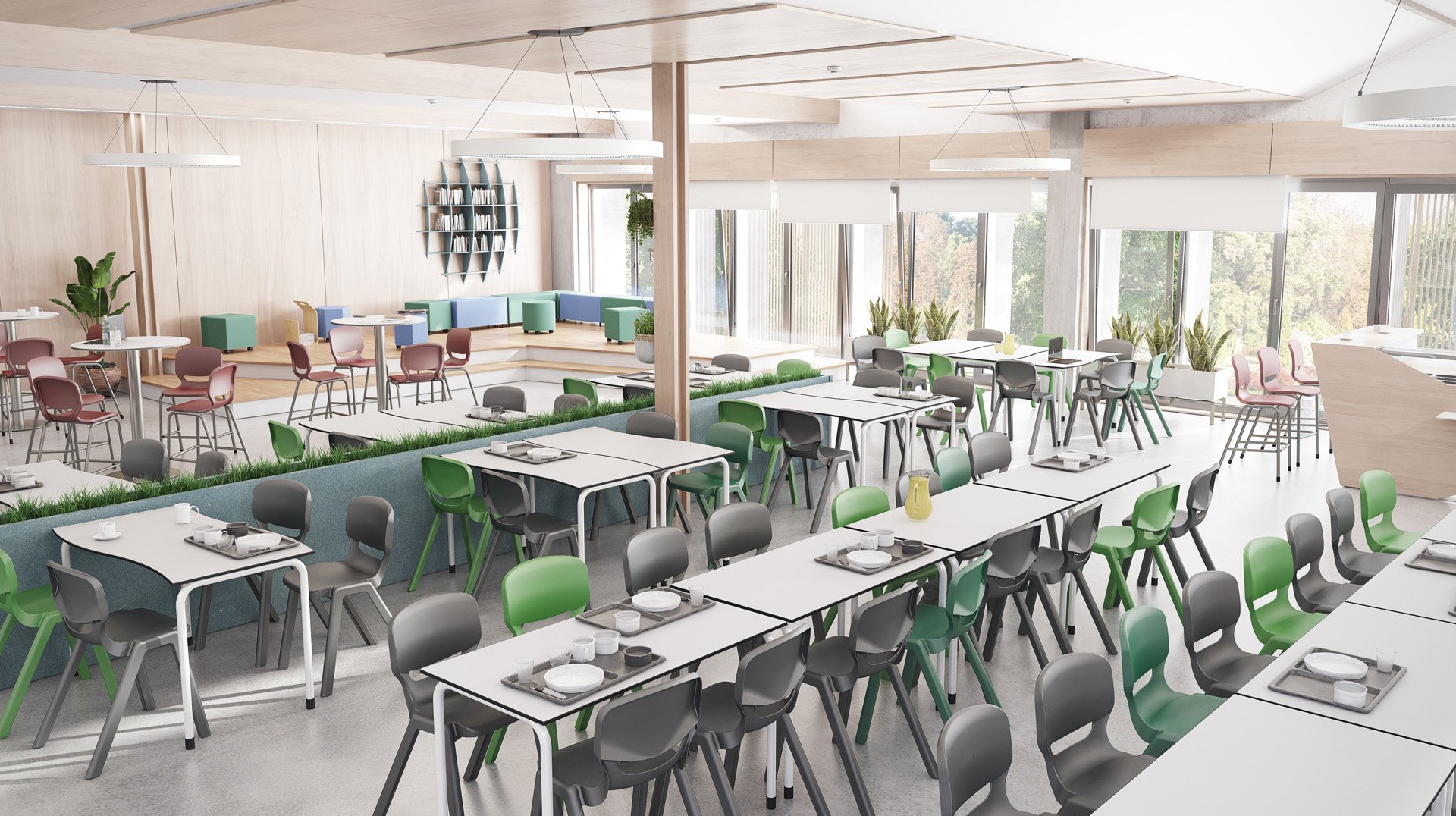 Cafétéria moderne et lumineuse avec de grandes fenêtres, des tables blanches et des chaises grises, vertes et roses. Les tables sont garnies d'assiettes et de couverts. Les plantes vertes et la lumière naturelle créent une atmosphère accueillante.