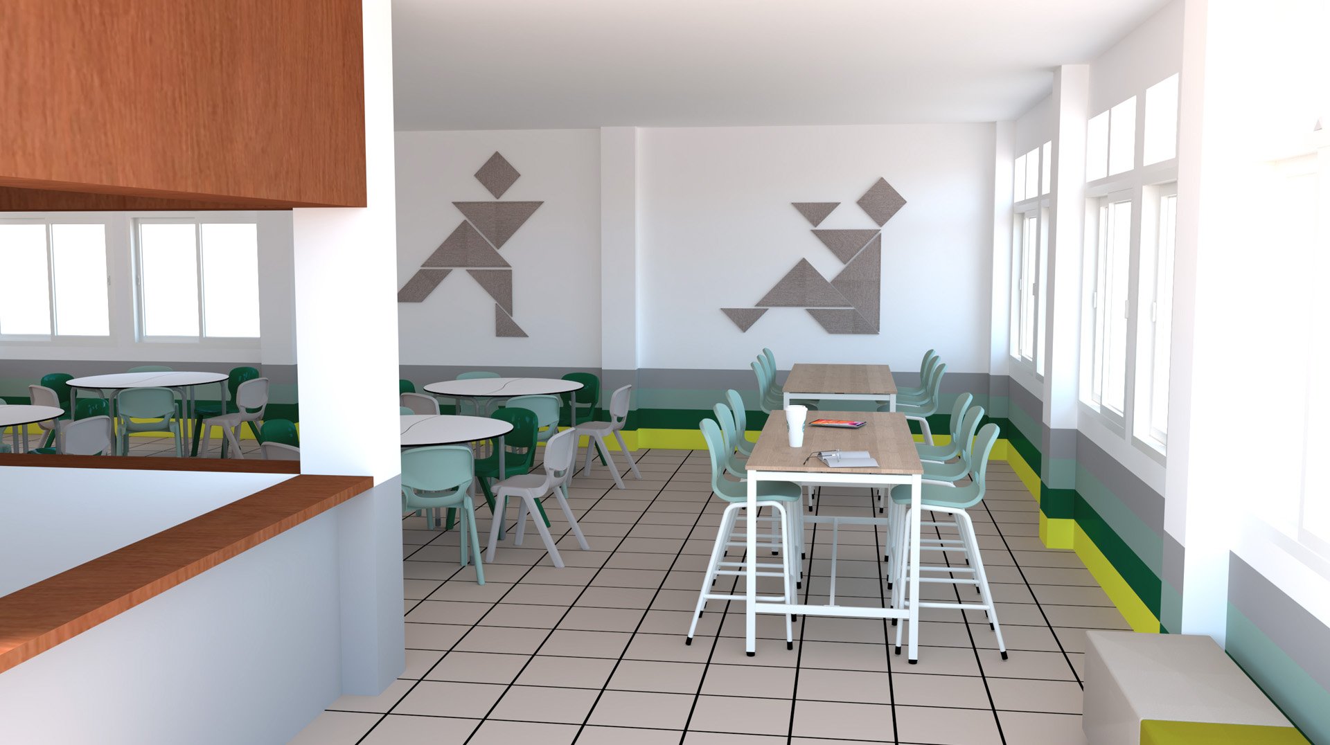 Une cafétéria moderne et lumineuse avec des sols carrelés, des chaises vertes, des tables blanches et des peintures murales géométriques. De grandes fenêtres sur la droite laissent entrer la lumière naturelle. Des livres sont posés sur une table haute avec des tabourets.