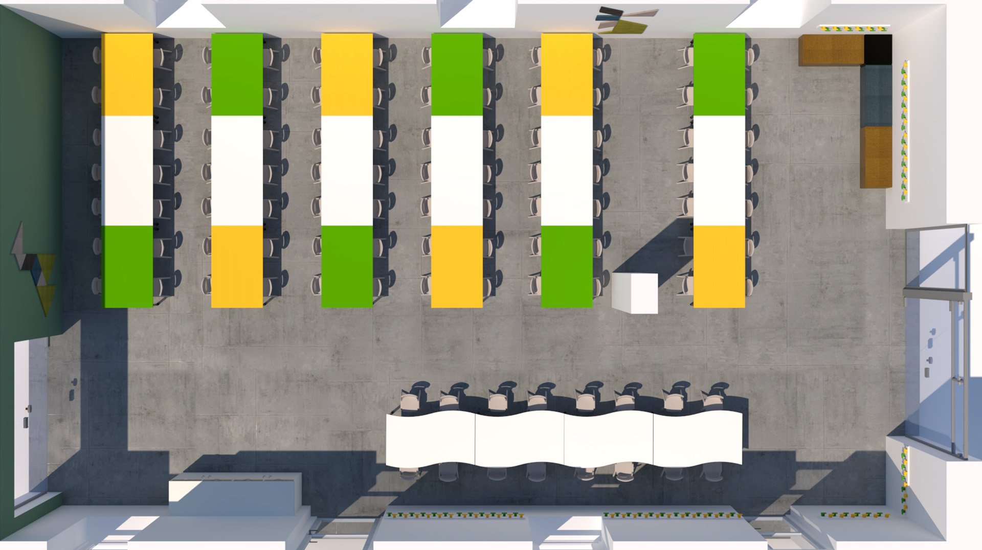 Vue du dessus d'une salle de classe avec six rangées de tables rectangulaires, alternativement vertes, jaunes et blanches, entourées de chaises. À l'avant, une table blanche ondulée est entourée d'autres chaises. Des étagères et des meubles de rangement bordent les murs.