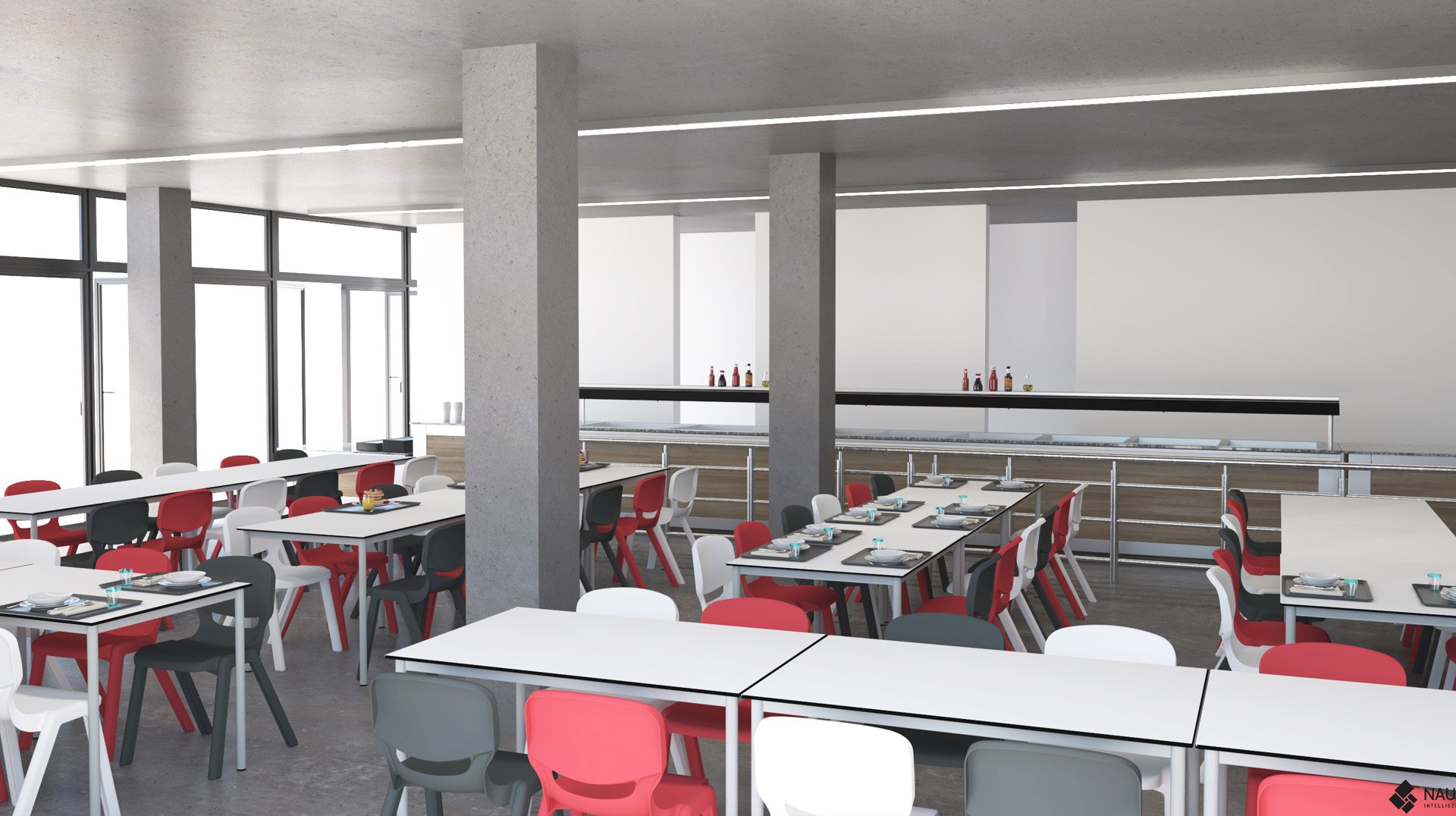 Une cafétéria moderne et spacieuse avec des tables blanches, des chaises rouges et blanches, de grandes fenêtres et un long comptoir de service au fond avec des bouteilles de condiments. Le cadre est clair et ordonné.