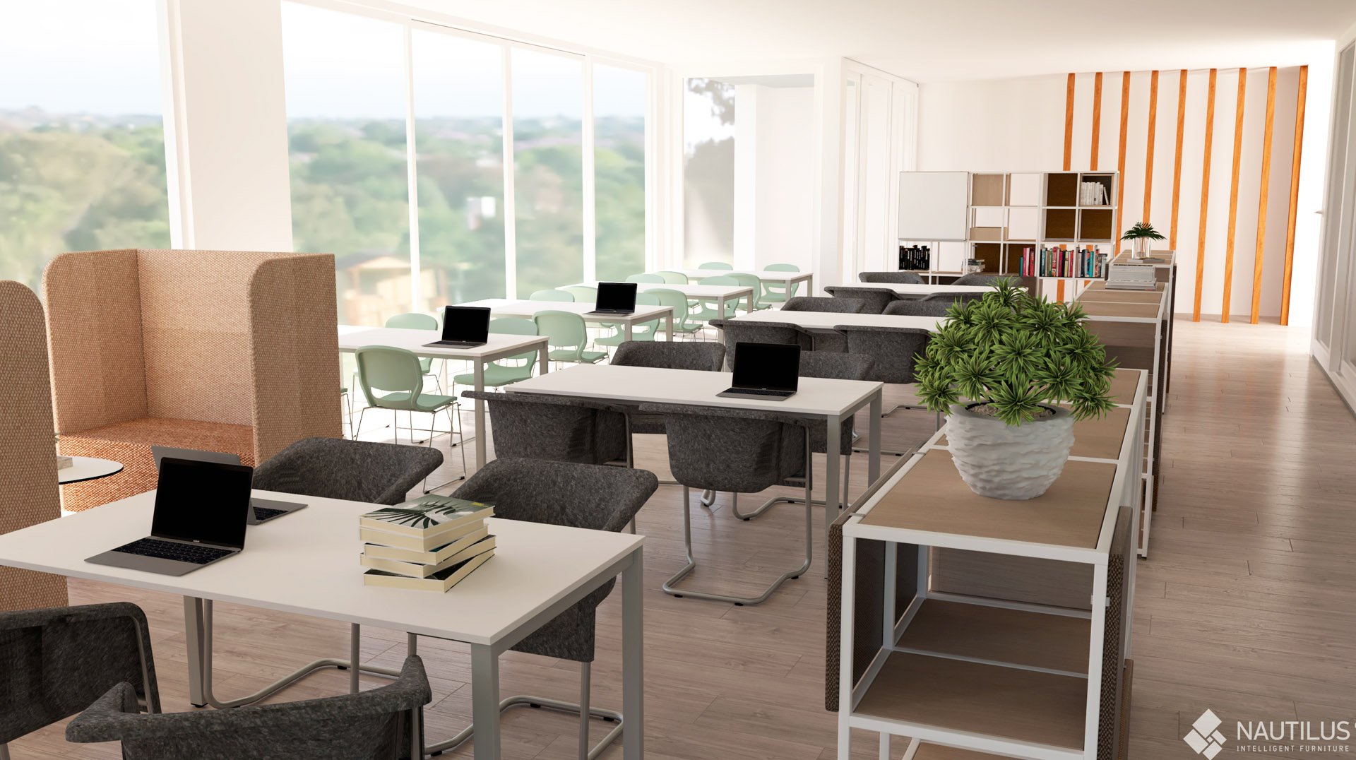 Une salle de classe moderne et lumineuse avec de grandes fenêtres, des bureaux et des chaises, des ordinateurs portables, une plante en pot, des livres et des étagères. La verdure est visible à l'extérieur, et l'espace propre jouxte une salle des enseignants accueillante pour la collaboration entre les professeurs.