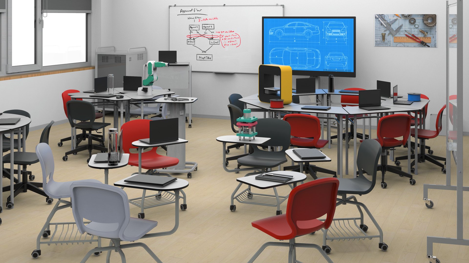 Une salle de classe moderne avec des chaises colorées, des bureaux sur roulettes, des ordinateurs portables et du matériel de robotique. Un tableau blanc avec des diagrammes et un grand écran affichant des plans de voitures se trouvent à l'avant de la salle.