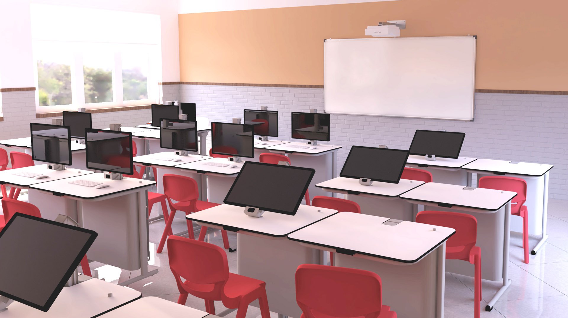 Une salle de classe moderne avec des rangées de bureaux, chacun équipé d'un écran d'ordinateur, d'un clavier et d'une souris. Les bureaux sont équipés de chaises rouges, et il y a un tableau blanc et un projecteur à l'avant de la salle.