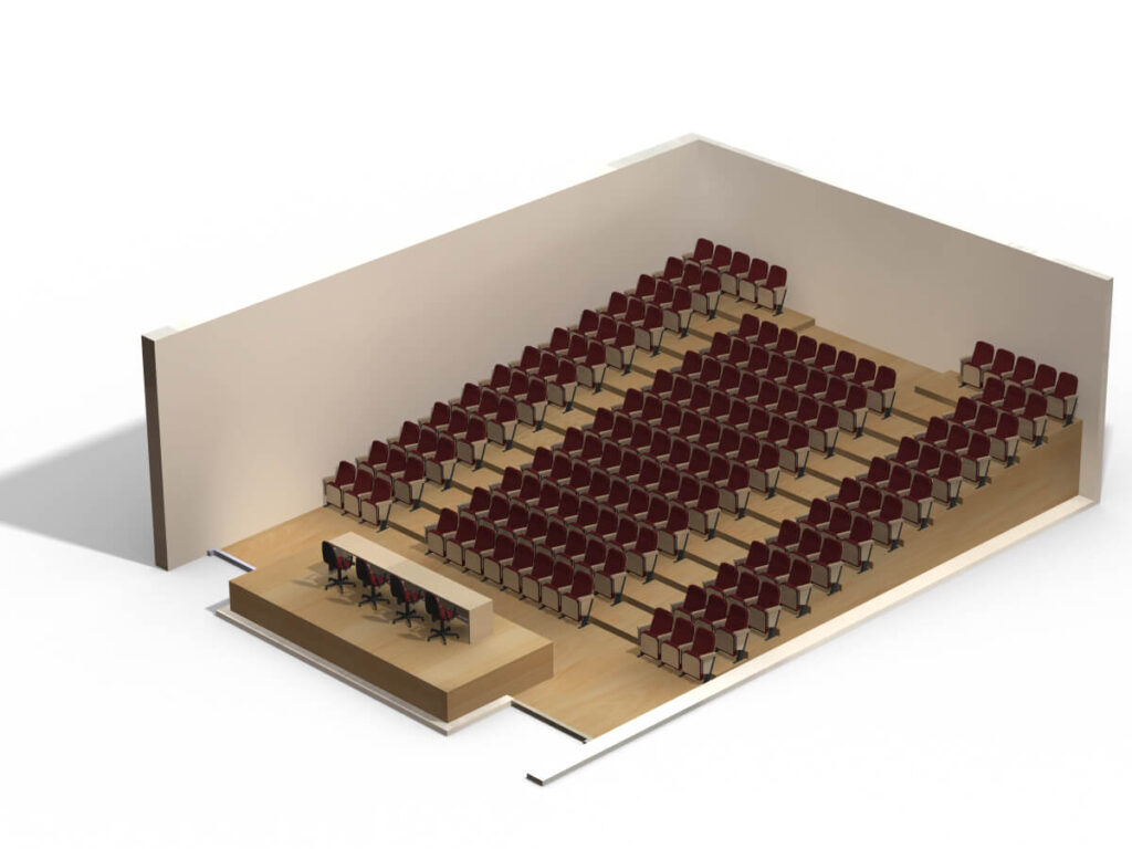 Vue isométrique d'une salle de conférence avec des rangées de chaises rouges faisant face à une scène avec une table et des chaises pour les orateurs, entourée de trois murs et d'un plancher en bois.