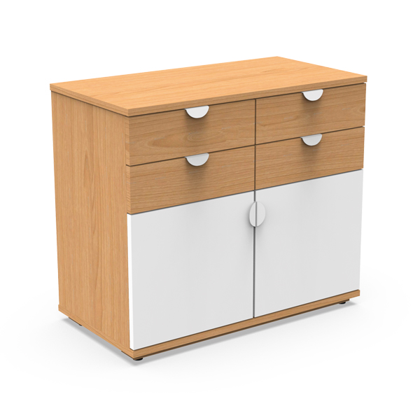 Le meuble Lit simple - Ligne Focus présente une finition en bois clair, quatre tiroirs supérieurs avec des poignées métalliques incurvées, deux portes inférieures blanches avec des boutons ronds, et repose sur de petits pieds noirs.