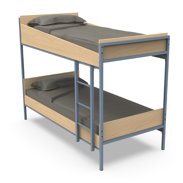 Le Lit simple - Ligne Focus présente un cadre métallique avec des panneaux en bois clair, deux lits simples superposés, des matelas gris, des oreillers, de la literie et une échelle centrale en métal.