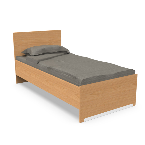 Le Lit simple - Ligne Focus est un lit simple en bois avec une tête et un pied de lit, associé à un matelas, un drap et un oreiller gris. Son design simple et moderne s'adapte aux espaces contemporains.