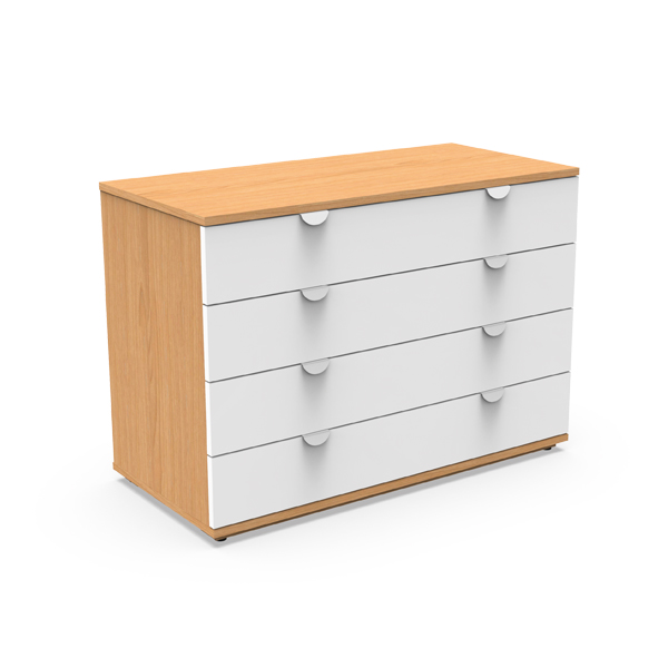 La commode à quatre tiroirs en bois avec un cadre marron clair et des façades blanches s'associe parfaitement avec le Lit simple - Ligne Focus, créant ainsi un look moderne cohérent.