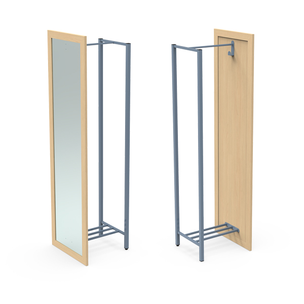 Deux porte-manteaux autoportants Lit simple - Ligne Focus : l'un avec un cadre en métal, des panneaux en bois et un miroir sur toute la longueur ; l'autre avec une tringle de suspension et une étagère de rangement inférieure.