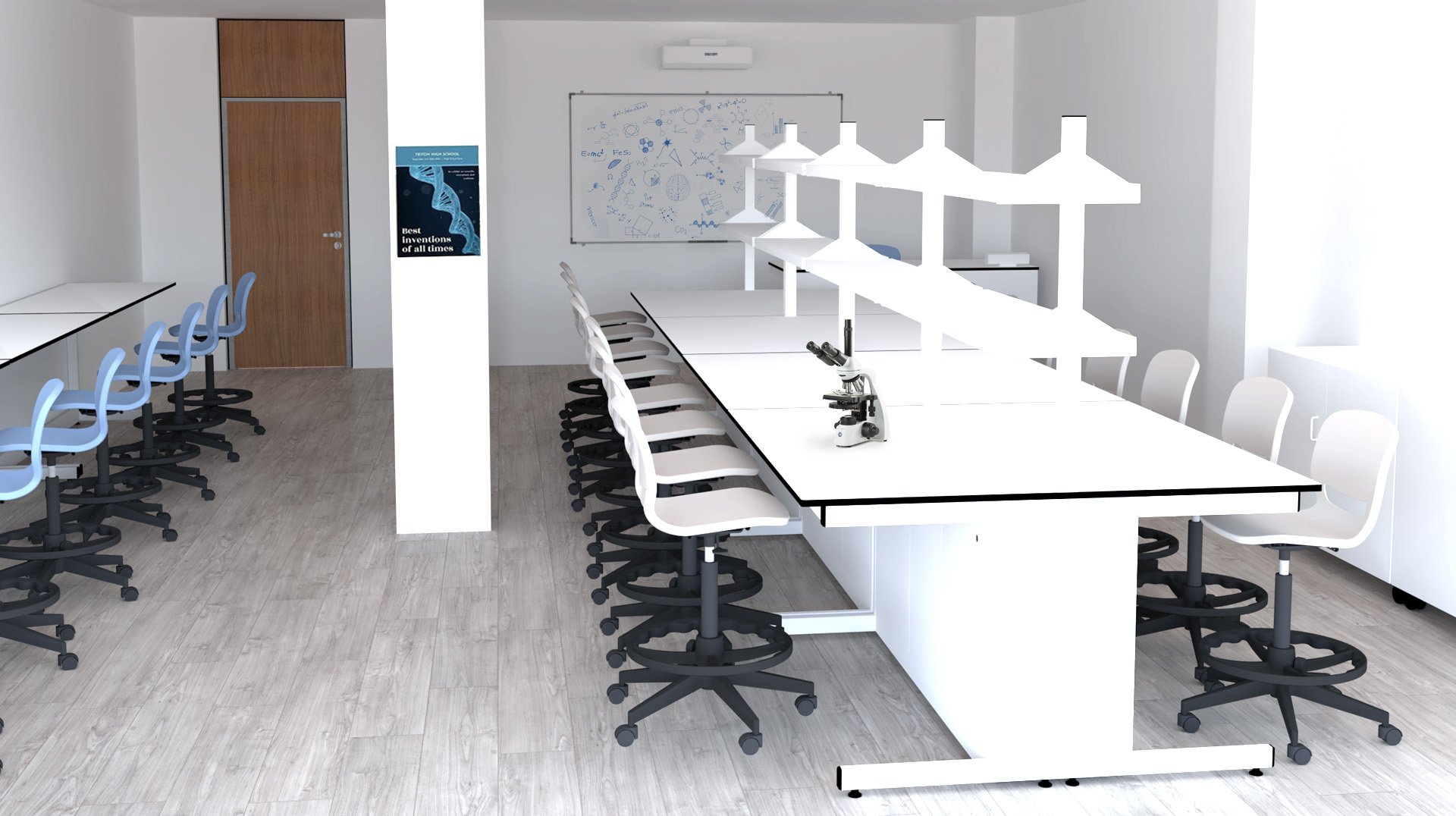 Une salle de classe de sciences moderne inspirée des laboratoires, avec des tables blanches, des tabourets de laboratoire, des microscopes, un tableau blanc avec des dessins, une affiche murale et un sol en bois. L'espace bien éclairé est propre et organisé pour un apprentissage optimal.