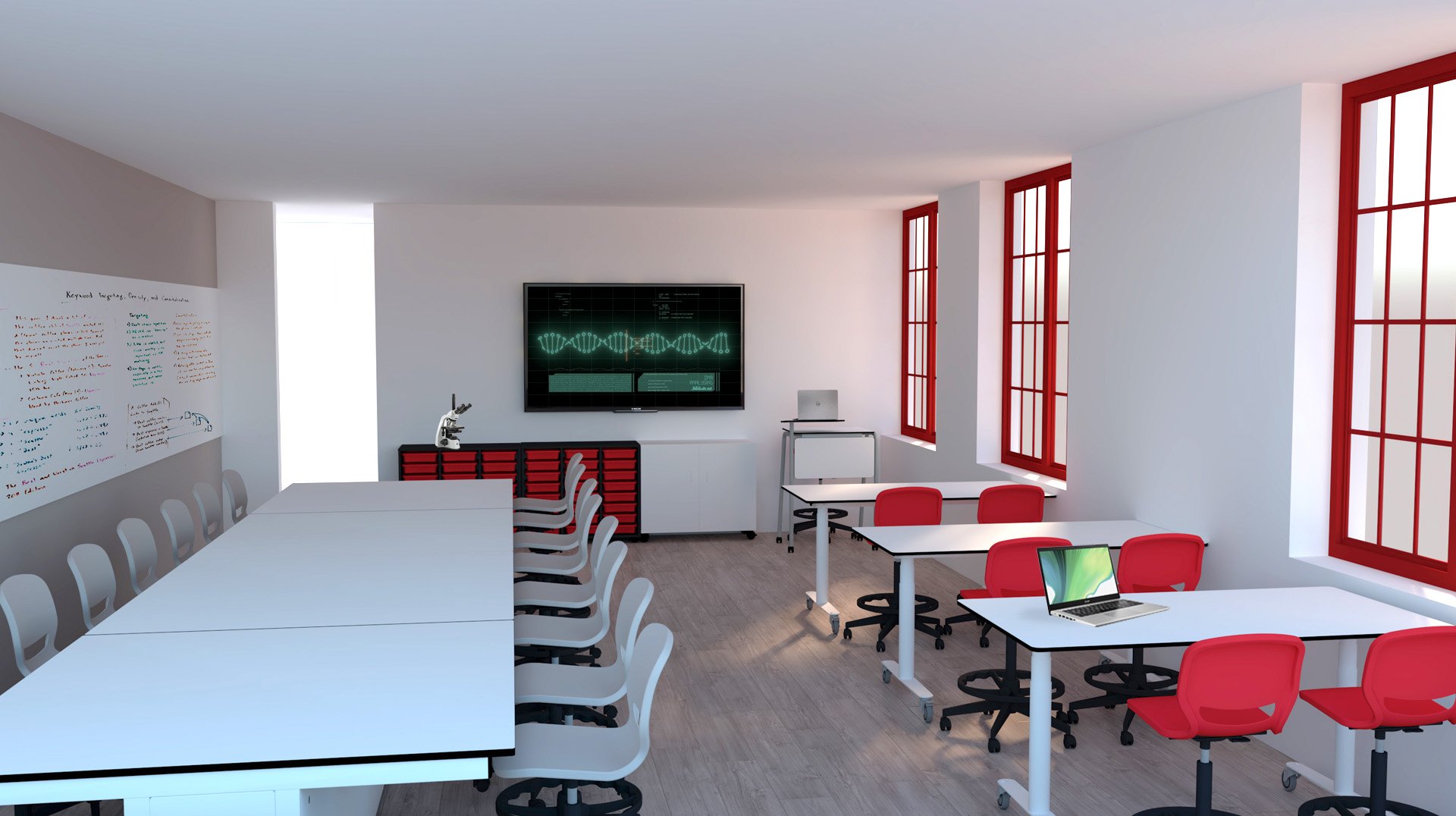 Une salle de classe moderne conçue comme un laboratoire, avec des tables blanches, des chaises rouges et blanches, un grand écran mural, un tableau blanc rempli de notes et des fenêtres à cadre rouge qui inondent l'espace de lumière naturelle. Un ordinateur portable est posé sur une table au premier plan.