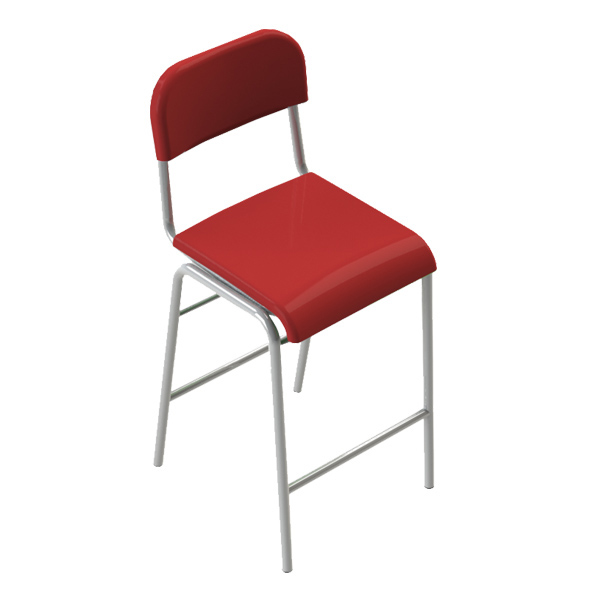 La Chaise MAIS Haute se caractérise par une finition rouge, une structure métallique, un dossier et une assise incurvés, mettant en valeur son design simple et minimaliste.