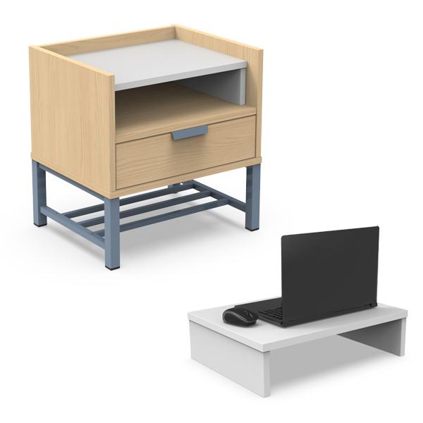 Une table d'appoint compacte en bois, Lit simple - Ligne Focus, comporte un tiroir et une étagère ouverte sur des pieds en métal, à côté d'un bureau blanc bas sur lequel sont posés un ordinateur portable et une souris noirs.