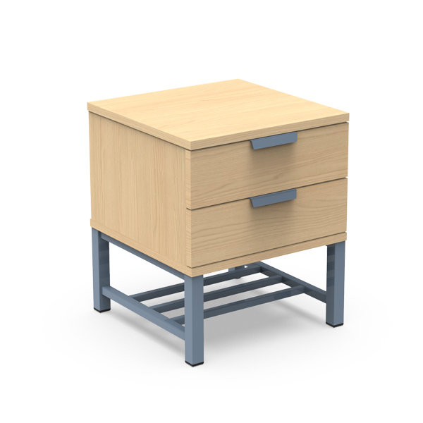 La table de nuit Lit simple - Ligne Focus est composée de bois clair, de deux tiroirs avec poignées grises, d'un cadre et de pieds robustes en métal gris, le tout sur fond blanc.