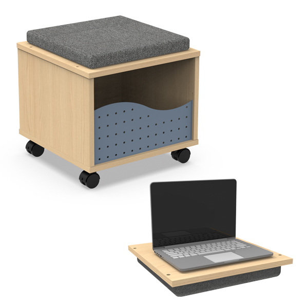 Le Lit simple - Ligne Focus est un petit pouf roulant en bois clair avec un plateau coussiné gris, un panneau perforé bleu, un espace de rangement et un coussin amovible qui sert de bureau portable pour les ordinateurs portables.