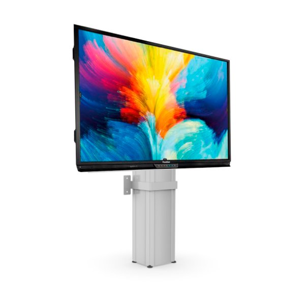 Le Netboard Flow LED Mur de Promethean est un grand écran plat monté sur un support vertical motorisé avec une base blanche élégante et qui présente une image abstraite vibrante.