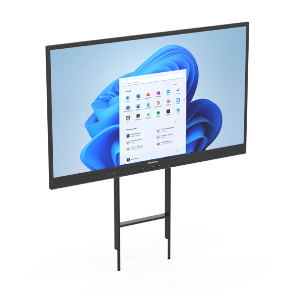 Le Netboard New Basic Fixé au Mur - Promethean, un grand écran interactif, présente un écran d'accueil Windows 11 avec le menu Démarrer ouvert et les icônes des applications visibles sur un fond bleu abstrait.