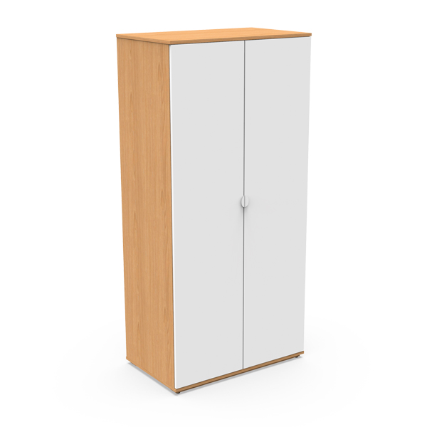 Le Lit simple - Ligne Focus est une haute armoire rectangulaire en bois avec des côtés et un dessus marron clair, deux portes blanches fermées et une poignée centrale ronde.