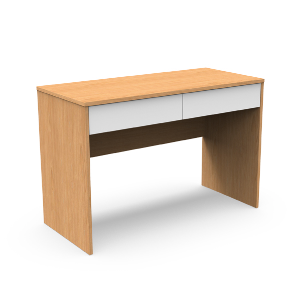 Le Lit simple - Ligne Focus est un bureau en bois avec une finition marron clair, deux tiroirs frontaux blancs et un espace ouvert en dessous. Son design est simple et moderne.