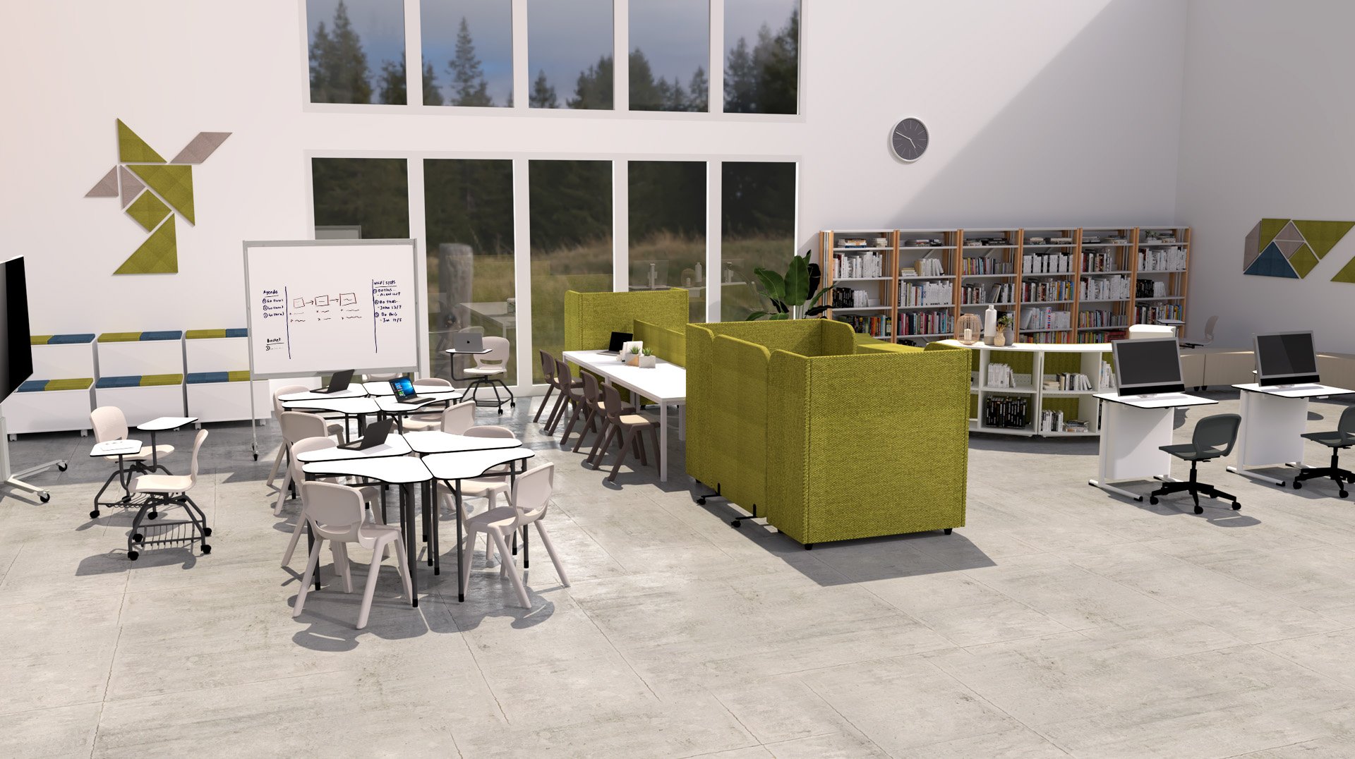 Une salle de classe moderne avec de grandes fenêtres, des tables rondes, des ordinateurs, des tableaux blancs, des étagères comme dans une bibliothèque et des sièges verts rembourrés. La salle est lumineuse et organisée, avec des chaises et du matériel pédagogique bien rangés.