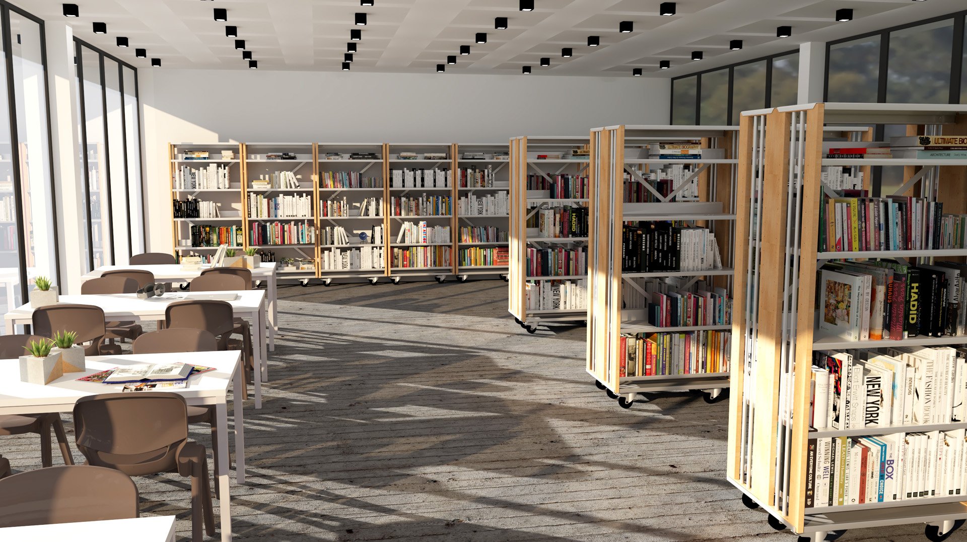 Une bibliothèque moderne avec de grandes fenêtres, des rangées d'étagères remplies de livres et des tables avec des chaises pour lire ou étudier. La lumière du soleil pénètre à flots, créant une atmosphère lumineuse et accueillante.