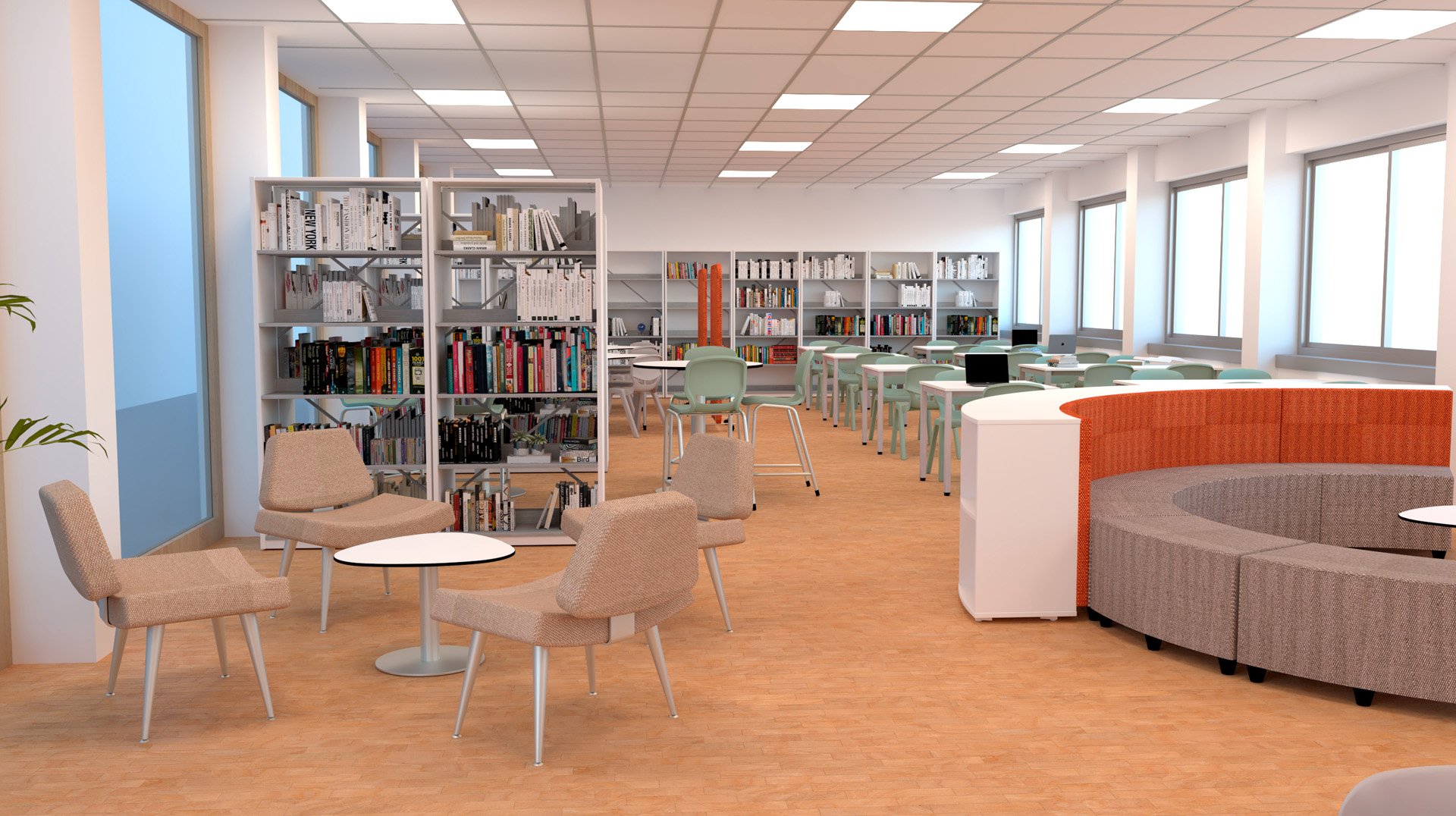 Une bibliothèque moderne avec des étagères, des tables, des chaises et un coin salon incurvé. De grandes fenêtres bordent le mur, remplissant la pièce de lumière naturelle. L'espace est propre et organisé, créant une atmosphère accueillante.