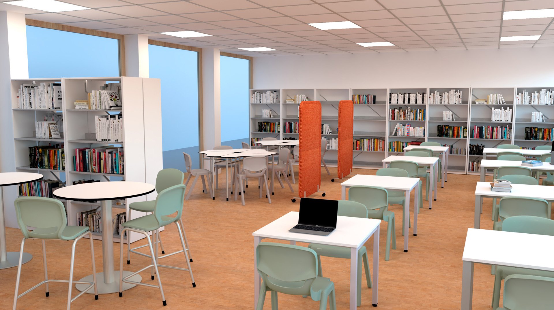 Bibliothèque moderne avec des étagères, différentes tables et chaises, des ordinateurs portables sur certains bureaux, des tables rondes hautes avec des tabourets, et de grandes fenêtres laissant entrer la lumière naturelle. Des cloisons de séparation orange sont placées près du centre de la bibliothèque.