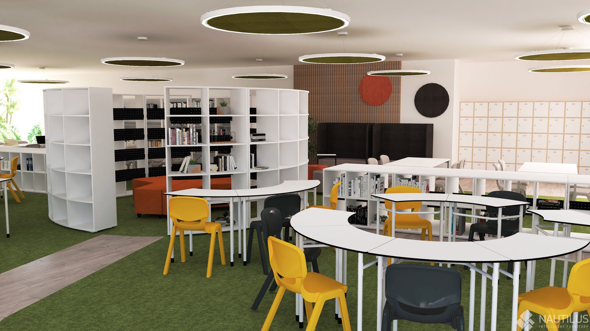 Une bibliothèque moderne avec des étagères blanches incurvées, diverses tables et chaises jaunes, blanches et noires, un sol en moquette verte et des plafonniers circulaires créant une atmosphère ouverte et accueillante.