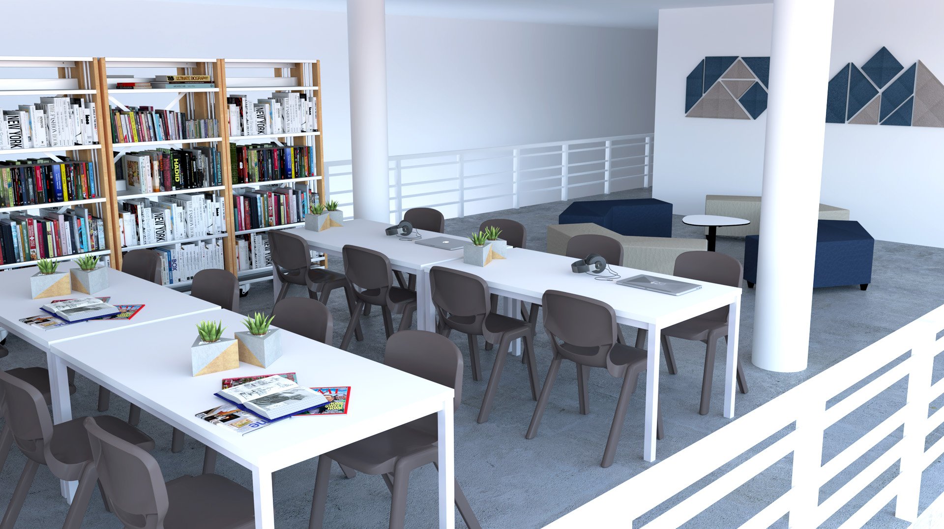 Une bibliothèque moderne avec des tables blanches, des chaises noires, des étagères remplies de livres, des petites plantes en pot sur les tables, des magazines et un coin salon avec des sièges rembourrés et de l'art mural géométrique.