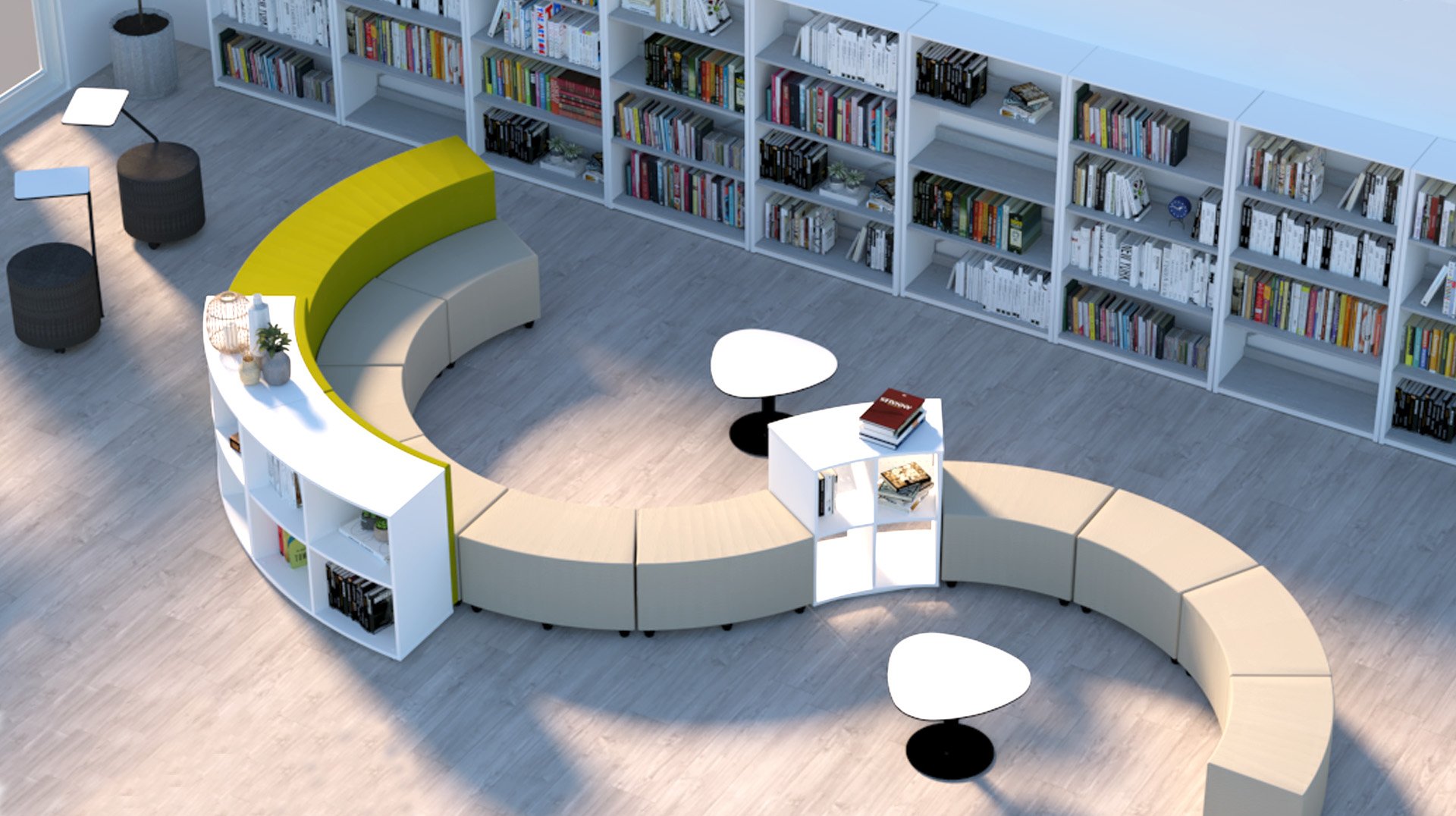 Bibliothèque moderne avec des sièges incurvés, des étagères blanches remplies de livres, de petites tables rondes et un sol en bois clair. Quelques livres et plantes ornent certaines étagères et tables, le tout vu d'en haut.
