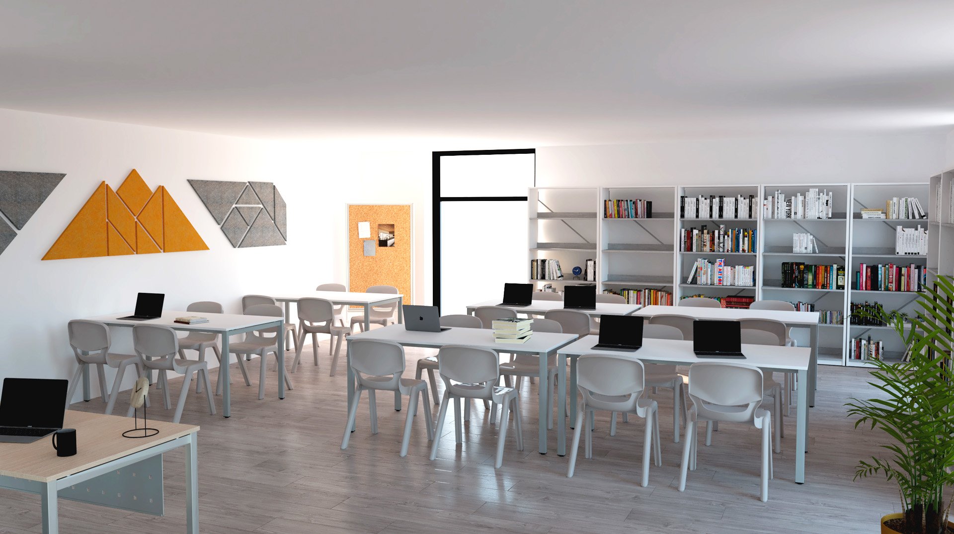 Une salle de classe moderne avec des murs, des tables et des chaises blancs. Des ordinateurs portables sont posés sur les tables, des étagères ressemblant à une bibliothèque miniature bordent le mur du fond et des œuvres d'art géométriques décorent l'un des murs. Une plante en pot trône dans cette pièce lumineuse et bien rangée.