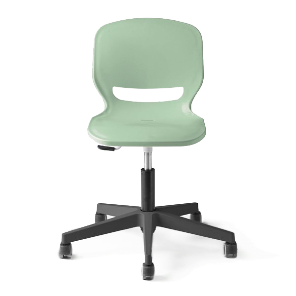 La Chaise Ergos Shell Spin est une chaise pivotante en plastique vert menthe avec un dossier incurvé, une découpe horizontale et une base noire à cinq roues.