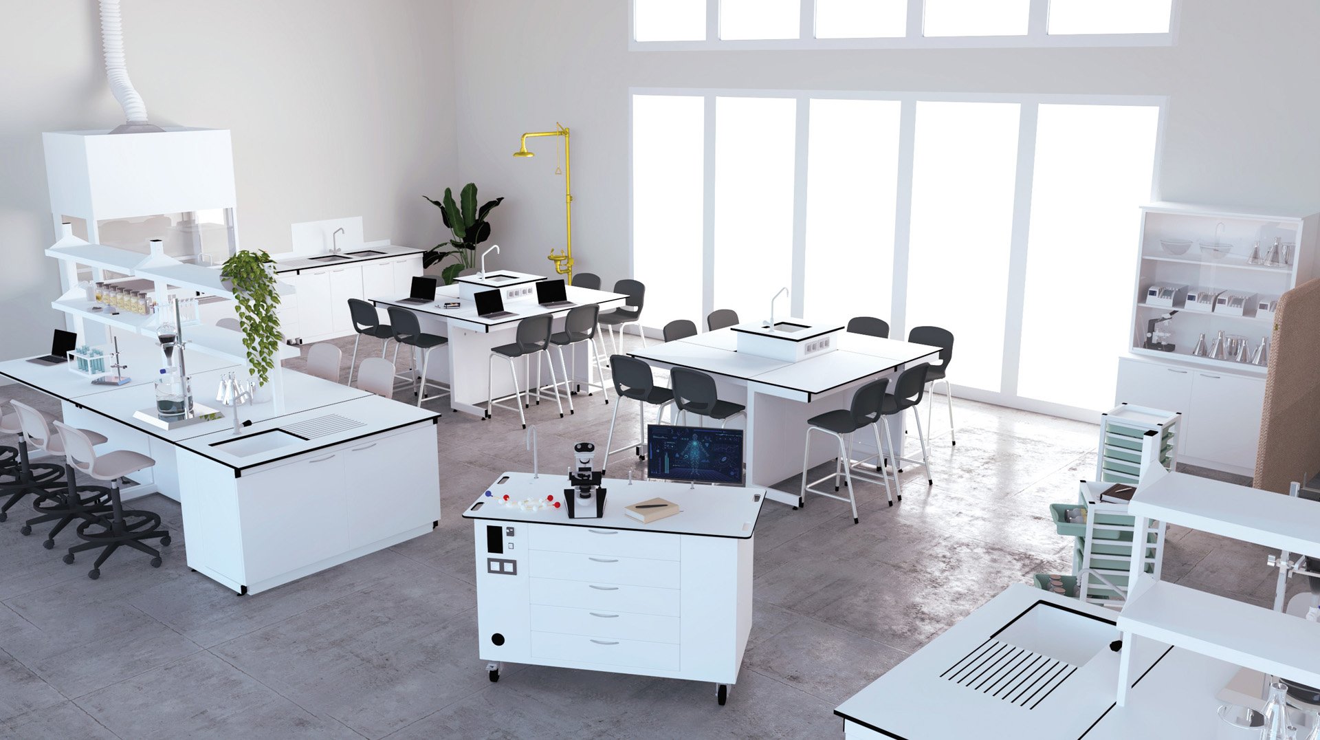 Un laboratoire scientifique moderne et lumineux inspiré des Top Laboratoires, avec des meubles blancs, plusieurs postes de travail avec tabourets, du matériel de laboratoire sur des comptoirs, de grandes fenêtres laissant entrer la lumière naturelle, et des étagères contenant de la verrerie et des fournitures.