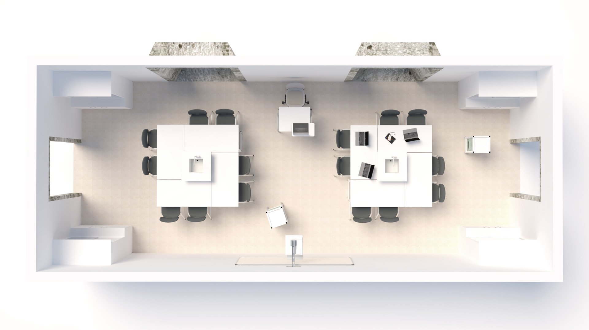 Vue de haut d'un bureau moderne ressemblant à des laboratoires, avec deux grands bureaux comportant chacun huit chaises, un poste de travail central avec une chaise, et des étagères et des rangements alignés sur les murs.