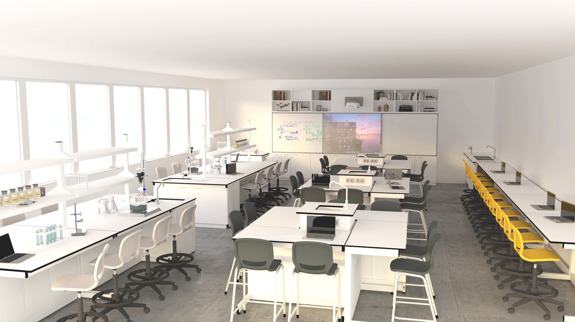 Une salle de classe scientifique moderne et lumineuse inspirée des Laboratoires, avec des tables de laboratoire, des tabourets blancs, des chaises jaunes, des ordinateurs, du matériel de laboratoire, des étagères et un grand tableau blanc interactif. De grandes fenêtres inondent l'espace de lumière naturelle.