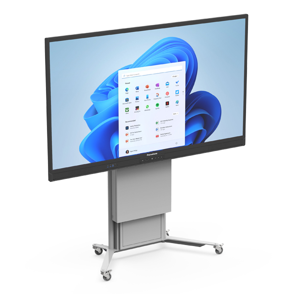 Le Netboard Easy LED Mobile - Promethean est un grand écran interactif sur roulettes, présenté ici avec le menu de démarrage de Windows 11 sur un fond bleu abstrait.