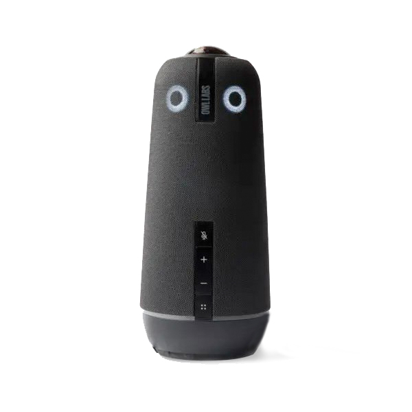 La Caméra de visioconférence pour réunions OWL 4+ présente un design noir en forme de cône avec un extérieur en tissu, des boutons de commande à l'avant et deux lentilles de caméra près du sommet - idéal pour les conférences téléphoniques.