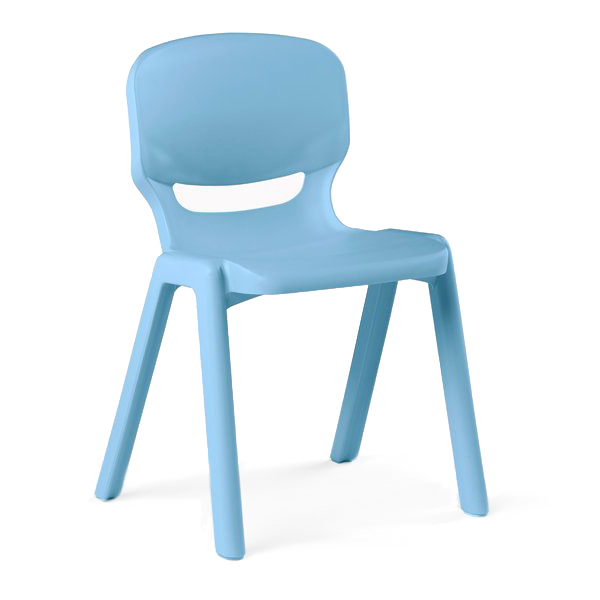 La Chaise Ergos One est une chaise en plastique bleu clair avec un dossier incurvé comportant une petite découpe et quatre pieds légèrement inclinés.