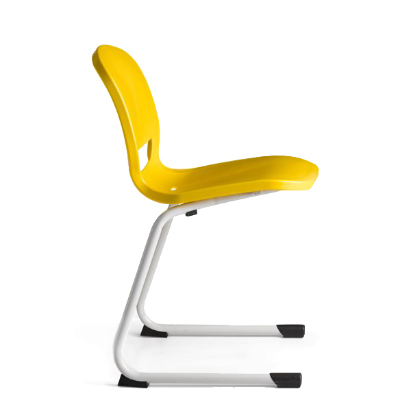 La Chaise Ergos Shell Pole présente une assise et un dossier modernes en plastique jaune, soutenus par des pieds en métal blanc avec des protections de sol noires, vus de côté sur un fond blanc.