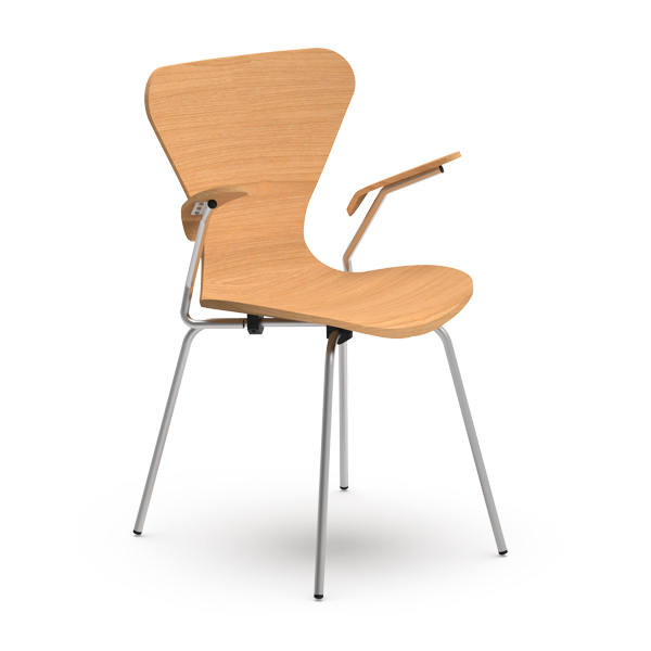 La Chaise SERIE 7 avec accoudoirs est une chaise moderne en bois avec une assise et un dossier incurvés, des pieds en métal et un accoudoir en bois du côté droit. Le côté gauche n'a pas d'accoudoir pour un look épuré et minimaliste.