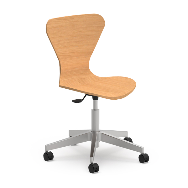 La Chaise SERIE 7 est une chaise de bureau moderne avec une assise et un dossier en bois clair, posée sur une base en métal argenté avec cinq roues et un levier de réglage en hauteur.