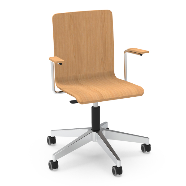 La Chaise RETA arrondie avec accoudoirs est dotée d'une assise et d'un dossier en bois courbé, d'accoudoirs en métal et d'un piètement à cinq branches avec roulettes noires. Son design minimaliste apporte une touche contemporaine à tout espace.