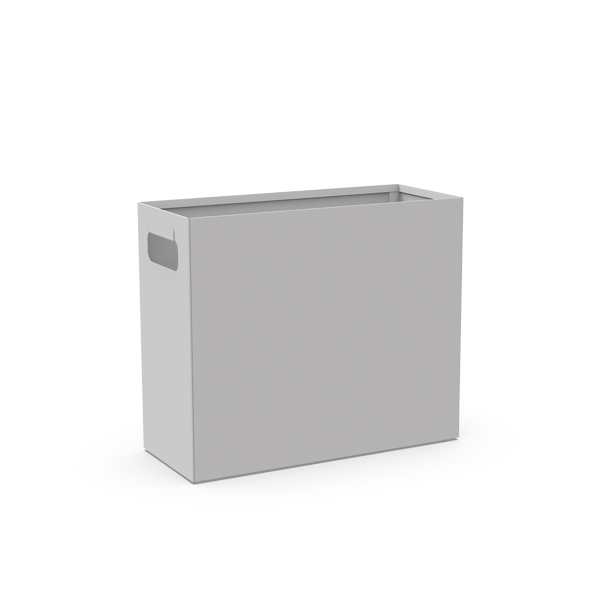 Ce bac de rangement Poubelle rectangulaire gris clair est doté d'une poignée découpée sur le côté et se présente sur un fond blanc uni.