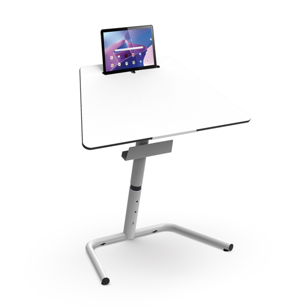 La Table One réglable - ressort est un bureau blanc moderne, réglable en hauteur, avec une base argentée et des pieds métalliques robustes en forme de U, offrant un design minimaliste et un attrait épuré - parfait pour poser votre tablette sur le plateau de la table.