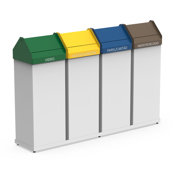 Les Conteneurs pour 4 déchets sélectifs comprennent des bacs avec couvercles verts (verre), jaunes (plastique/métal), bleus (papier/carton) et bruns (déchets ordinaires), chacun étiqueté en portugais.