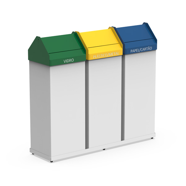 Le produit Conteneurs pour 3 déchets sélectifs comprend trois bacs côte à côte : vert pour le verre (vidro), jaune pour le plastique/métal (plástico/metal) et bleu pour le papier/carton (papel/cartão).